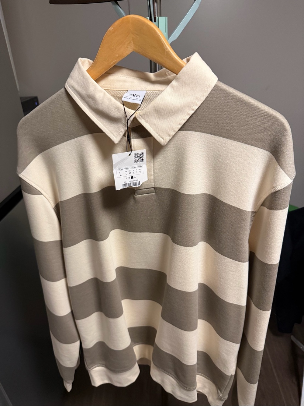 Zara Striped Crewneck Polo Sweater in Cream and Taupe